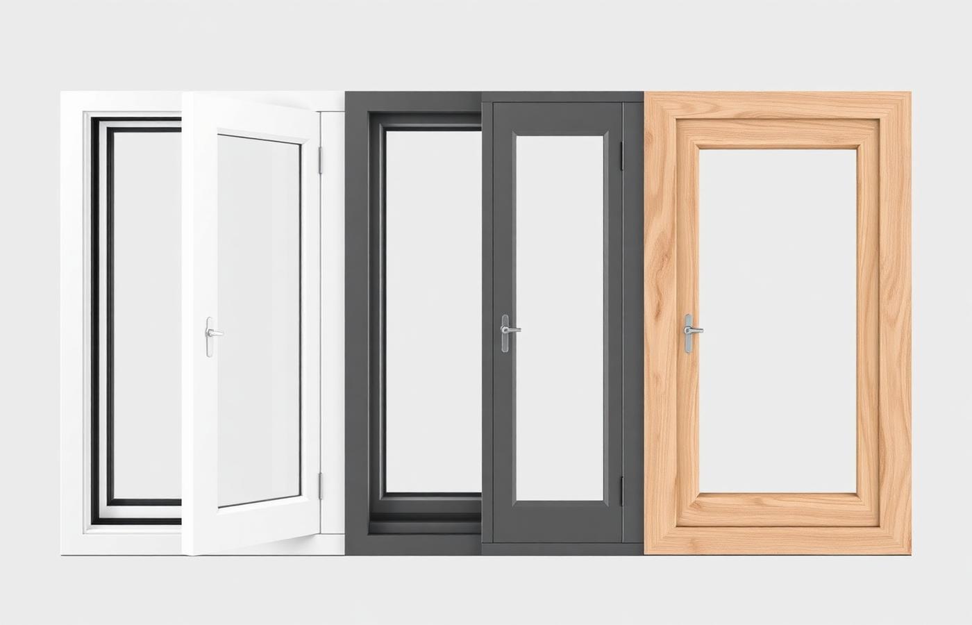 Trois échantillons de châssis : PVC blanc, aluminium gris anthracite, bois chêne
